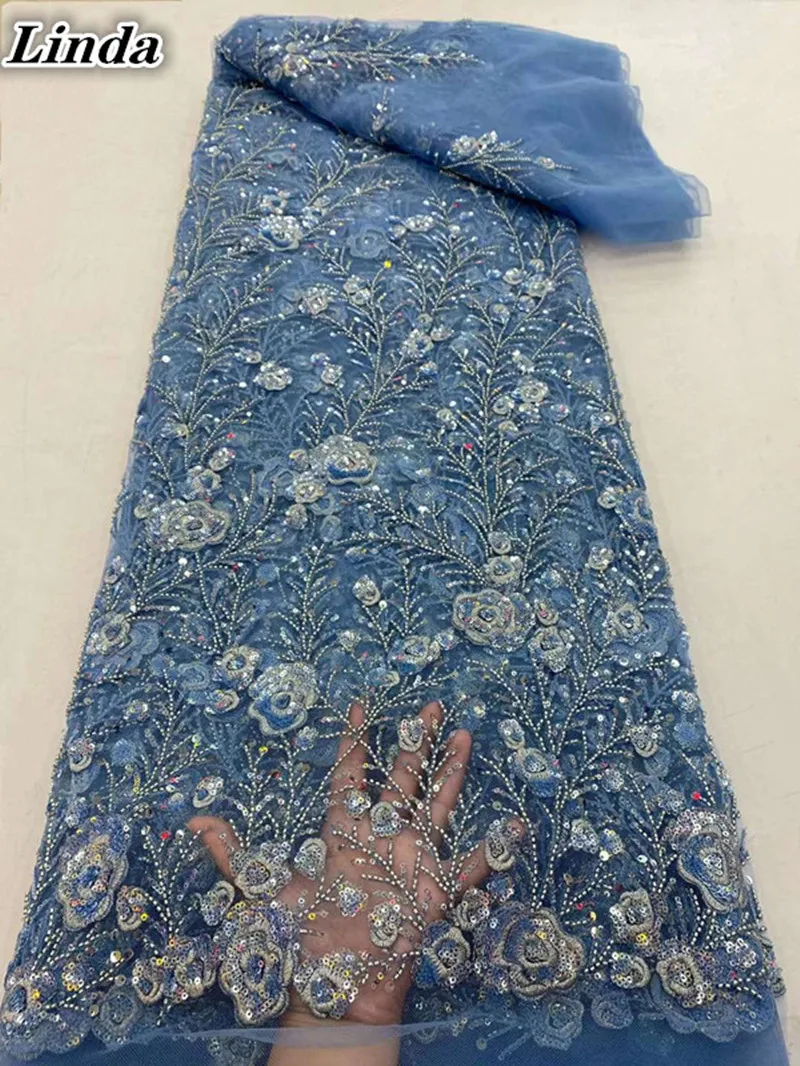 

Кружевная ткань Linda, африканская кружевная ткань 2021 с бусинами, вышивка блестками, французское Сетчатое кружево, тюль, сетчатая ткань, синее ...
