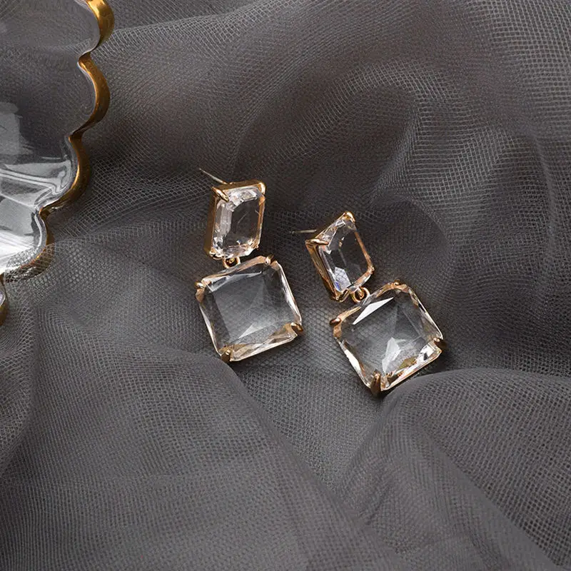 

Korean New Style Luxury Elegant Shiny Square Crystal Dangle Earrings For Female Party Daily Jewelry