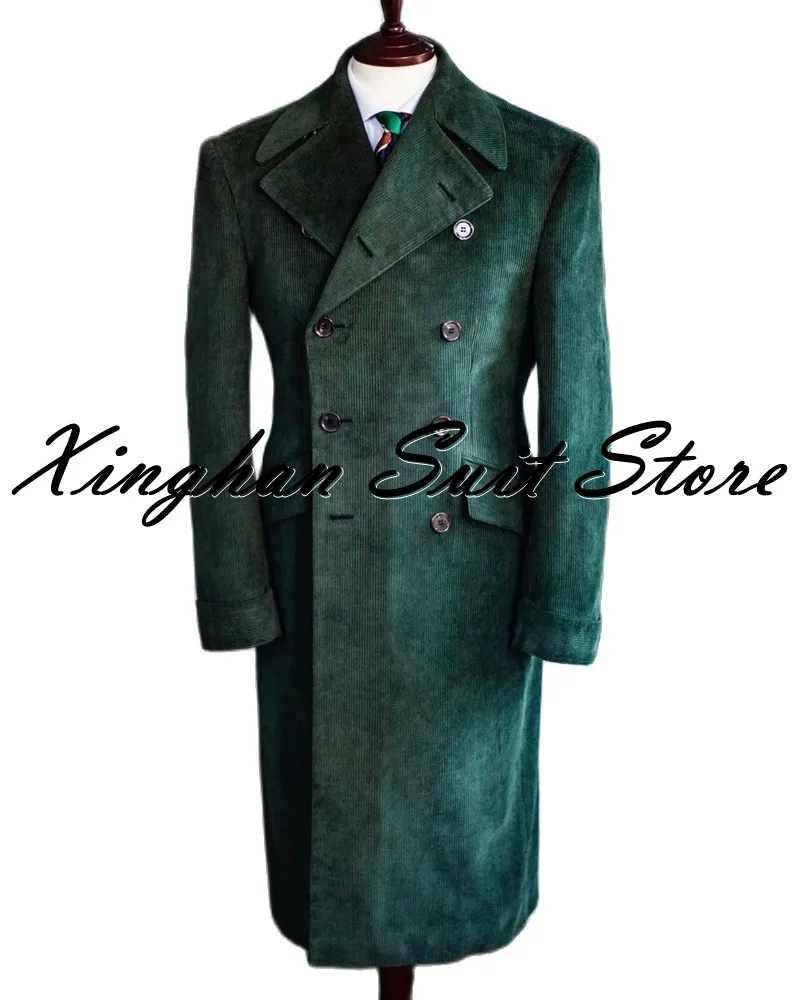 

Business Men Suit Winter Warm Long Green Corduroy Peak Lapel Double-breasted Overcoat Office Party Prom Tailor Made Causal Wear