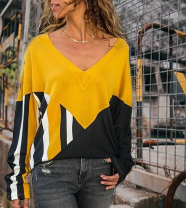 Большие размеры цветной пуловер в стиле пэчворк повседневные женские футболки