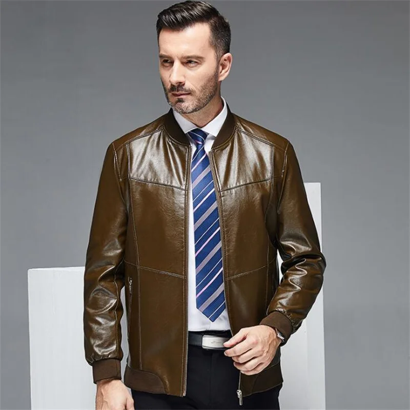 Middle-aged men's leather jackets father wear large  middle-aged coats casual baseball collar father clothes black brown