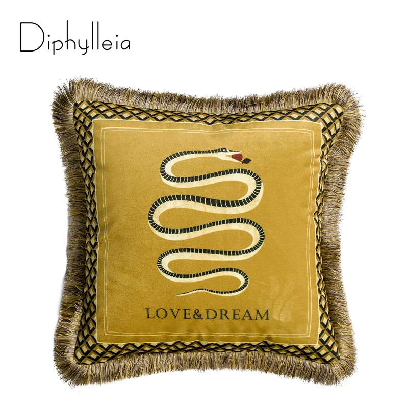 

Diphylleia, итальянский бархатный Роскошный чехол для подушки, с бахромой, с золотым и желтым змеиным принтом, для дивана, гостиной, наволочка для подушки, бесплатная доставка