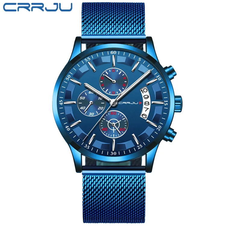 M blue Silver CRRJU Топ люксовый бренд для мужчин бизнес аналоговые кварцевые часы из нержавеющей стали ремешок наручные часы Relogio Masculino часы Horloges Hours - Цвет: M blue Silver