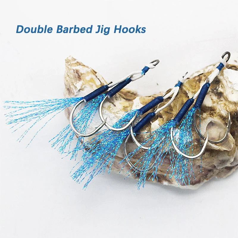 20pairs/Lot Jig Lure Assist Hook Double Barbed Assist Hooks High Carbon Steel Blue Feather Fishing Lure pesca Slow Jigging Hooks enlarge