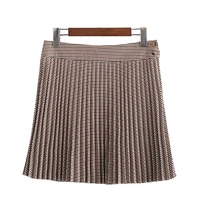 2021 spring autumn retro houndstooth pleated mini skirt button decoration old fashioned high waist female skirt urban beauty ol