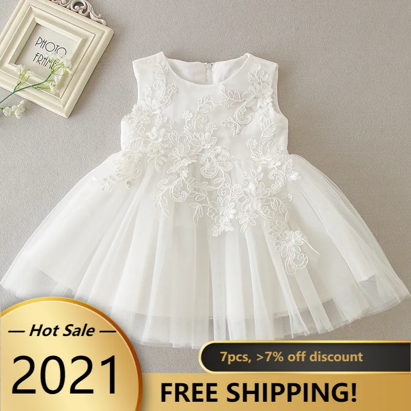 

Baby Girl Sleeveless Christening Dress Lace Baptism Newborn Infants Bace Baby Girls Dress Birthday Headband Wedding Flower Dress