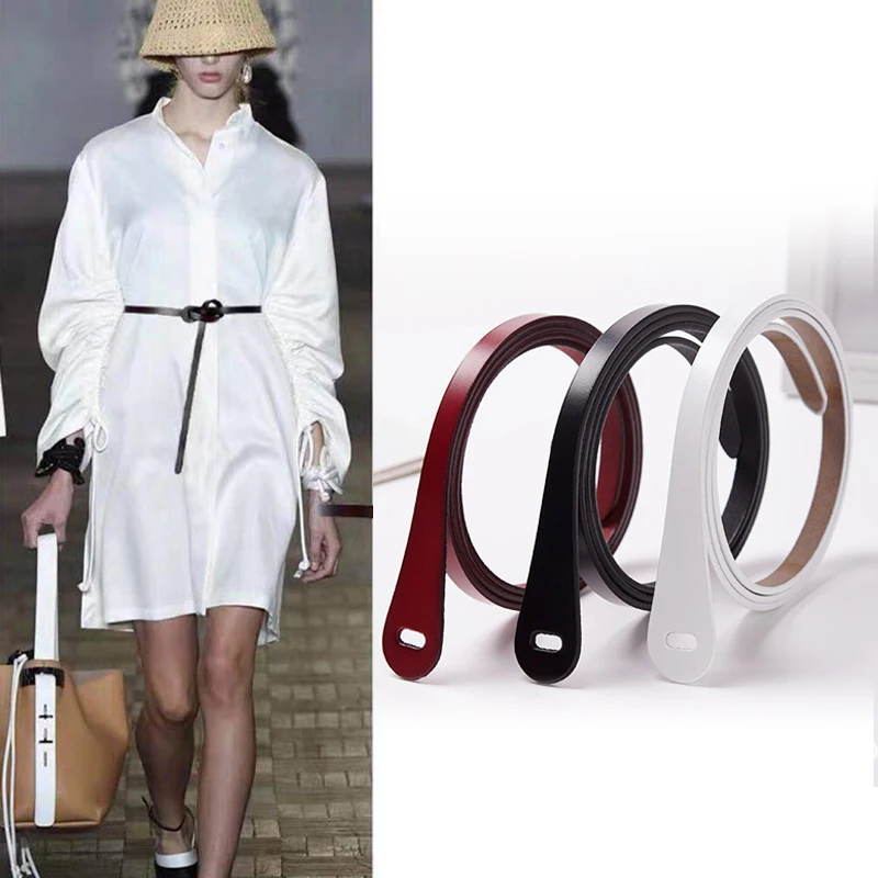 Fashion Female Dress Belt Long Thin Knot Waist Belts For Women High Quality Genuine Leather Brown Waistband White Strap