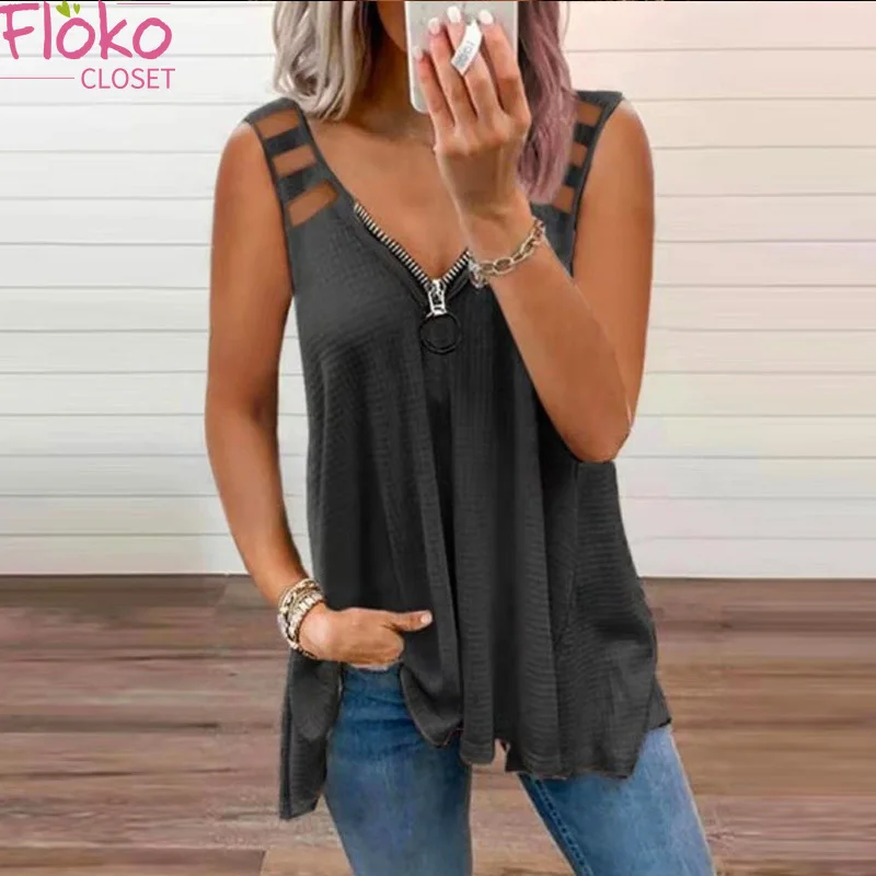 

Flokocloset Hollow Out Knitted Tank Tops Summer Loose Casual Camis Tees Pullover Women Sleeveless T-Shirt Solid Color