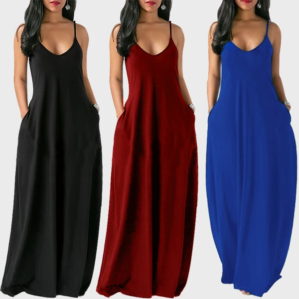 

Women Casual Long Dress Summer 11 Colors Solid Short Sleeve Maxi Dresses Fashion Pocket V-neck Female Loose Dress Robe Vestidos