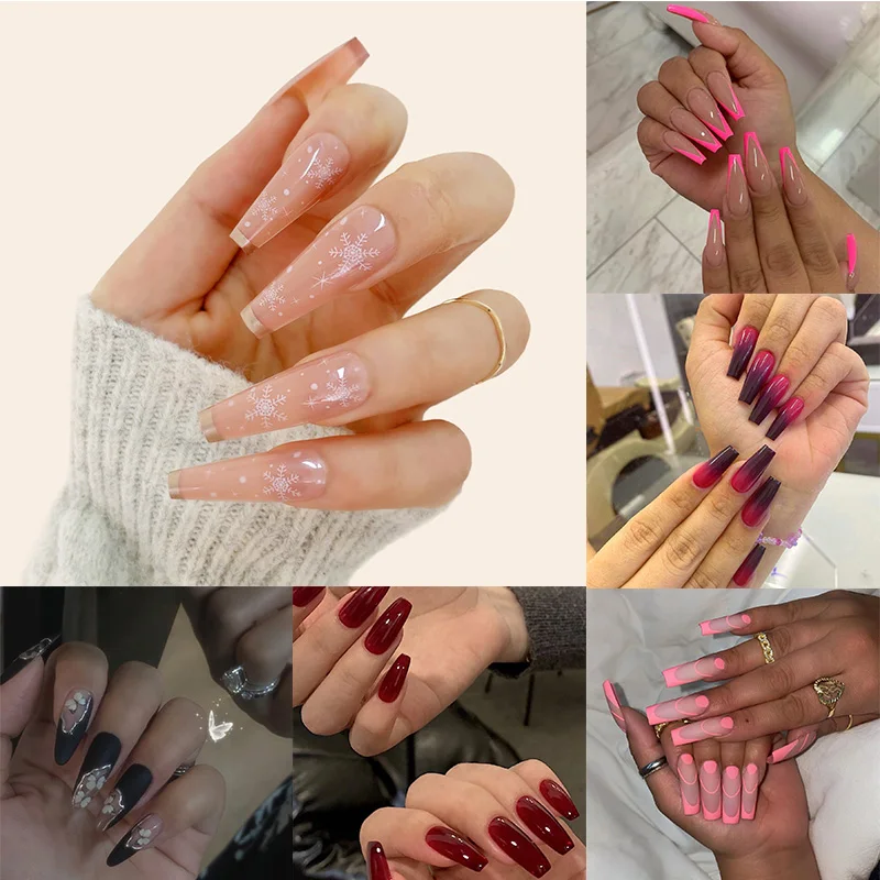 

24pcs/Set Detachable Ballerina Long Coffin Fake Nails European Snowflake Butterfly Full Nail Art Tips Artificial False Nails