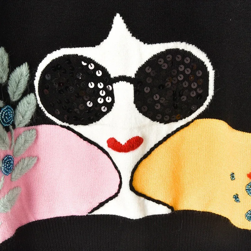 2019 Зимний новый женский свитер контрастный полосатый рукав вышивка листья