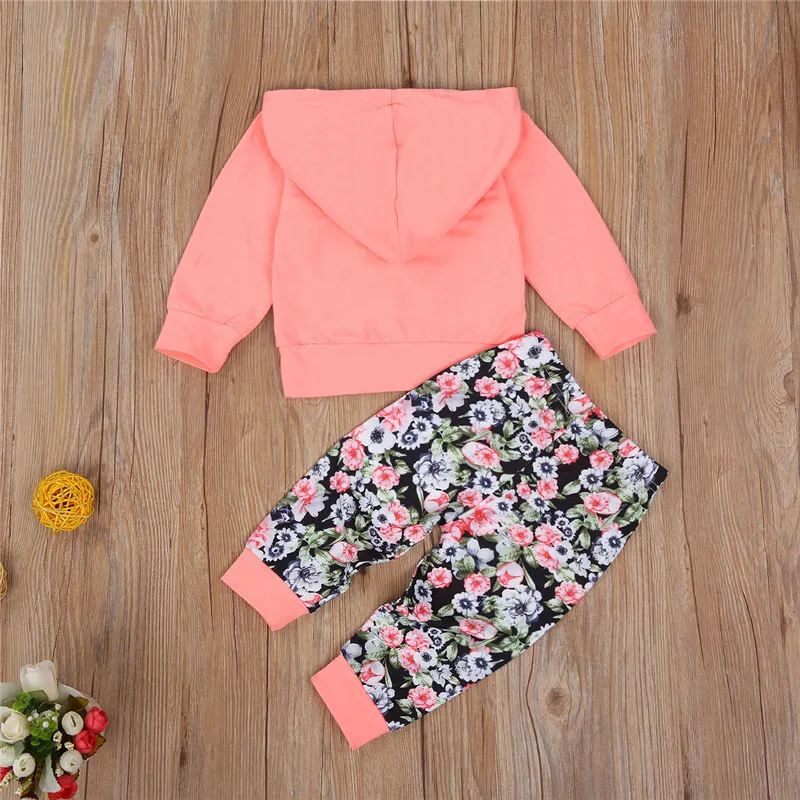 Toddler Baby Girl 2PCS Outfit Sets Long Sleeve Hoodie Pocket Top Shirt Floral Pants Pajamas for Autumn Winter