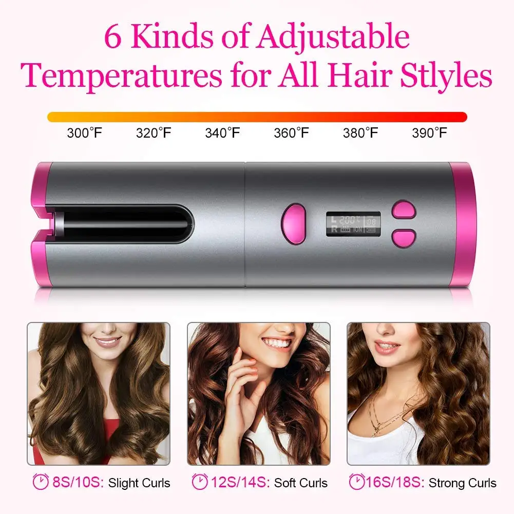 

Wireless Automatic Hair Curler Rechargeable Rotating Curling Iron LED Display Temperature Adjustable Hair Rollers Styling Tools