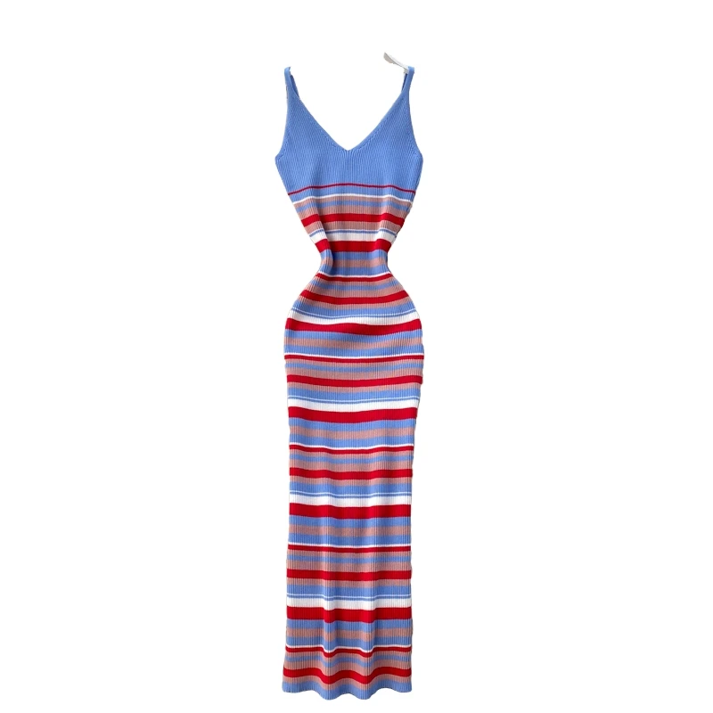 

202020popular Women's Clothes New Sexy V-neck Striped Color Matching Waist Hip Stretch Knitted over-the-Knee Dress