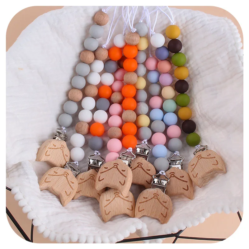 

1pcs Fox Wooden Pacifier Clip Silicone Beads Baby Nipple Teething Holder Clips Chain