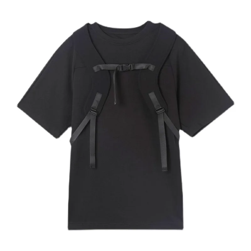 

Men's Streetwear Harajuku Korean Fashion Tops Tees Shirts Strap Short Sleeve Loose Casual Black White T-shirt Male T Shirts