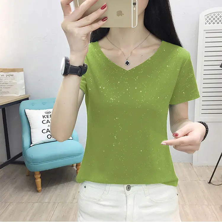 

Short sleeve t-shirt female 2021 summer new V-neck slim and versatile foreign style hot drill blouse pure cotton women's fashion