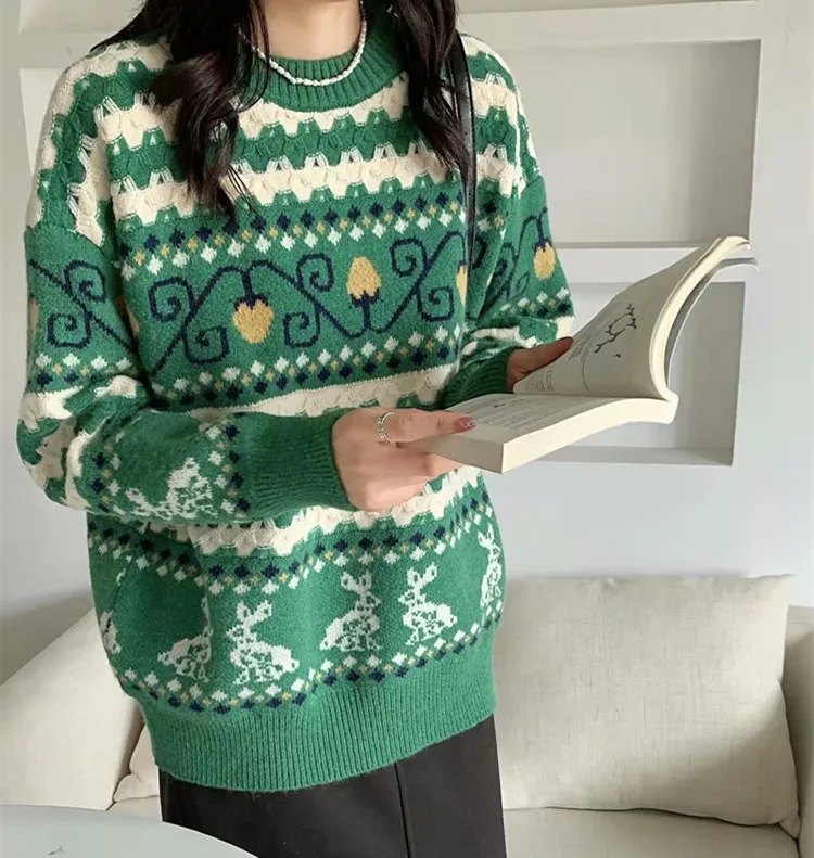 

Vintage Women Sweater Autumn Winter Warm Sweet Pullovers Chic Knitted Fashion Lady Outwear Sweaters Tops Korean