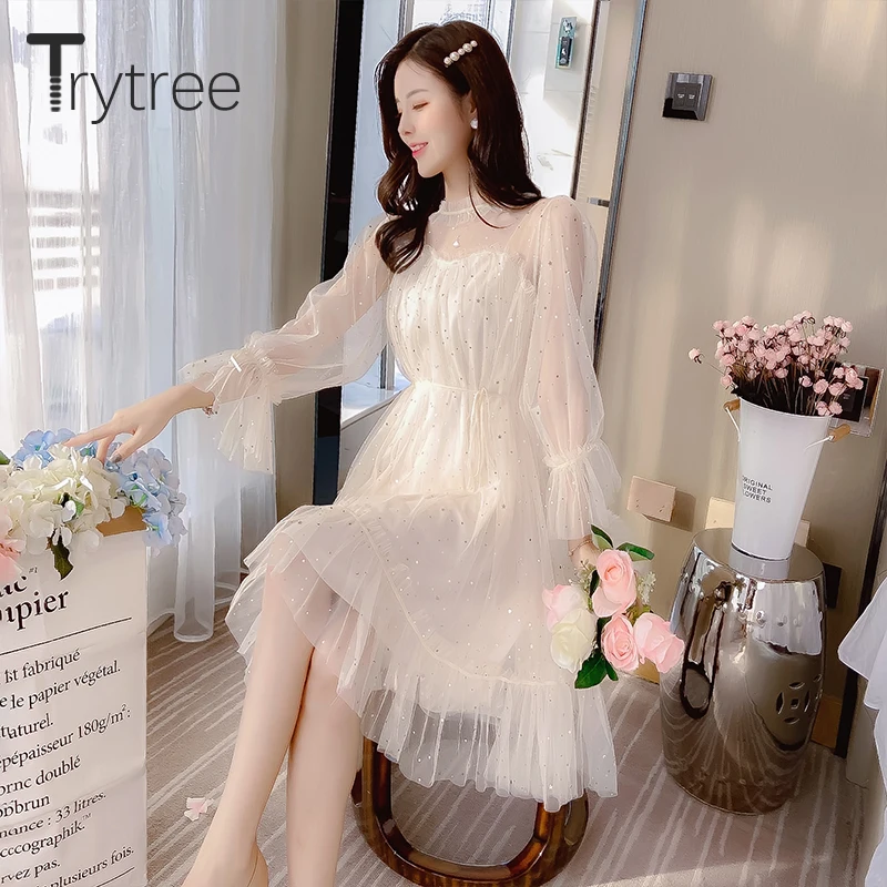Trytree 2020 весеннее женское Повседневное платье с воротником стойкой расклешенными