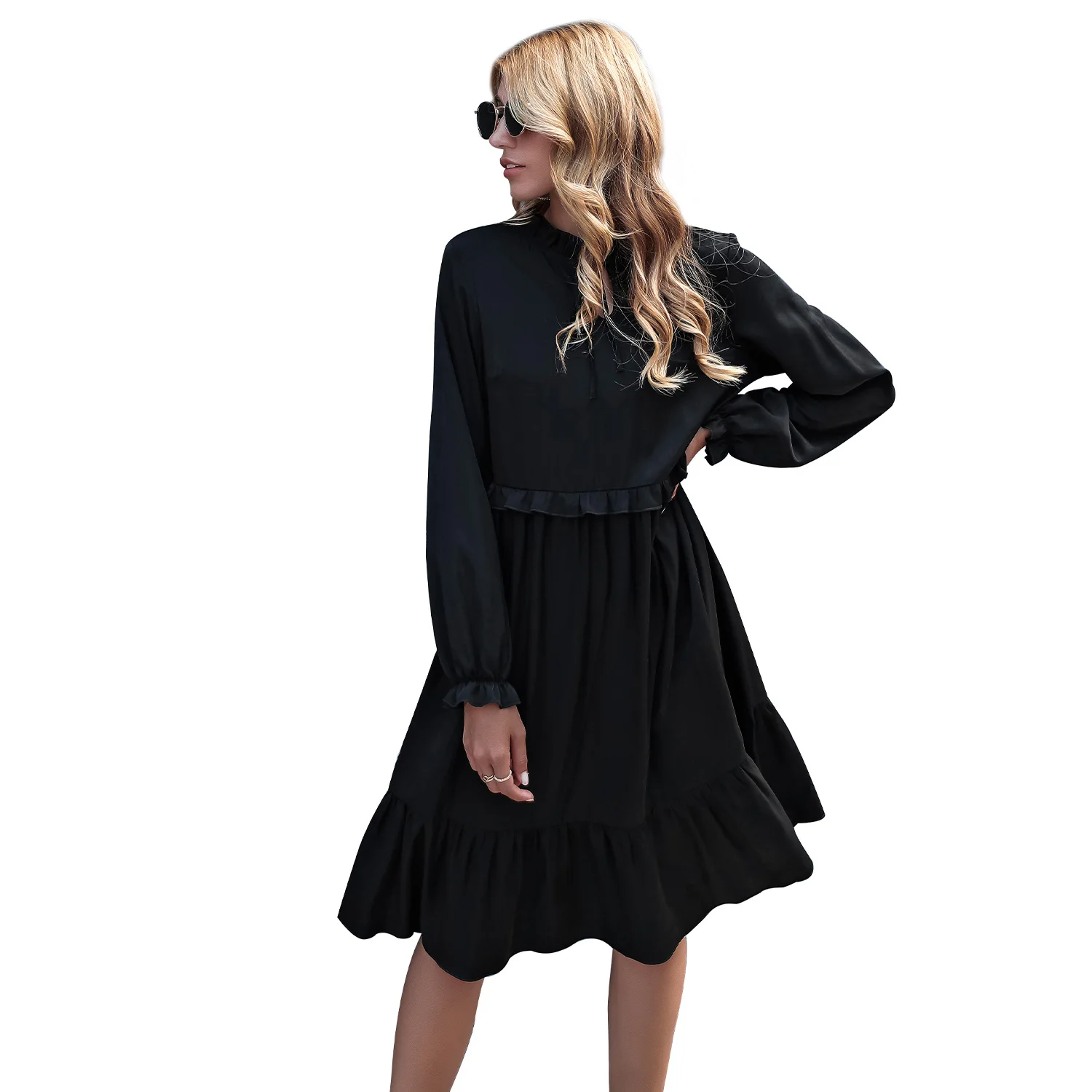

Black Vintage Loose Swing Women Autumn Winter Dress Long Sleeve Ruffles Female Knee-Length Dresses Vestidos