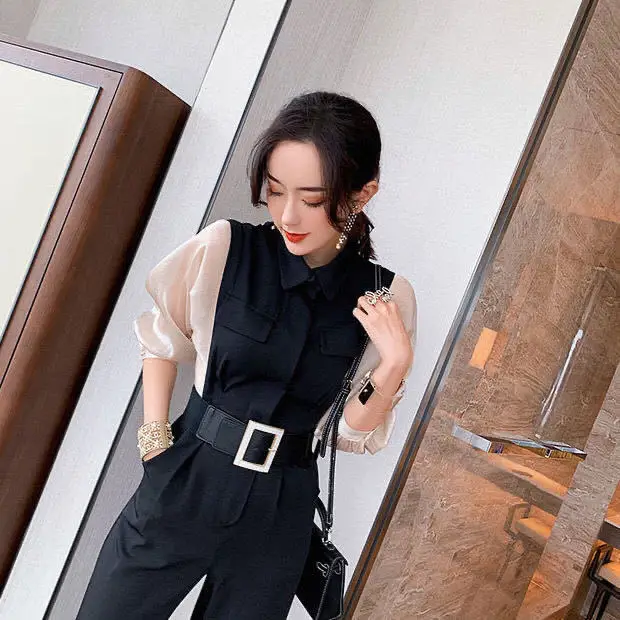 

Women 2021 Summer Elegant Wide Leg Jumpsuits Female Puff Short Sleeve Casual Loose Pants Jumpsuit Office Lady OL Rompers U48