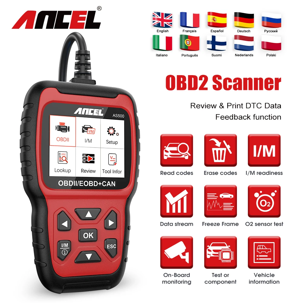 ANCEL AS500 Obd2 сканер многоязычный двигателя считыватель кода Obd 2 Автомобильный