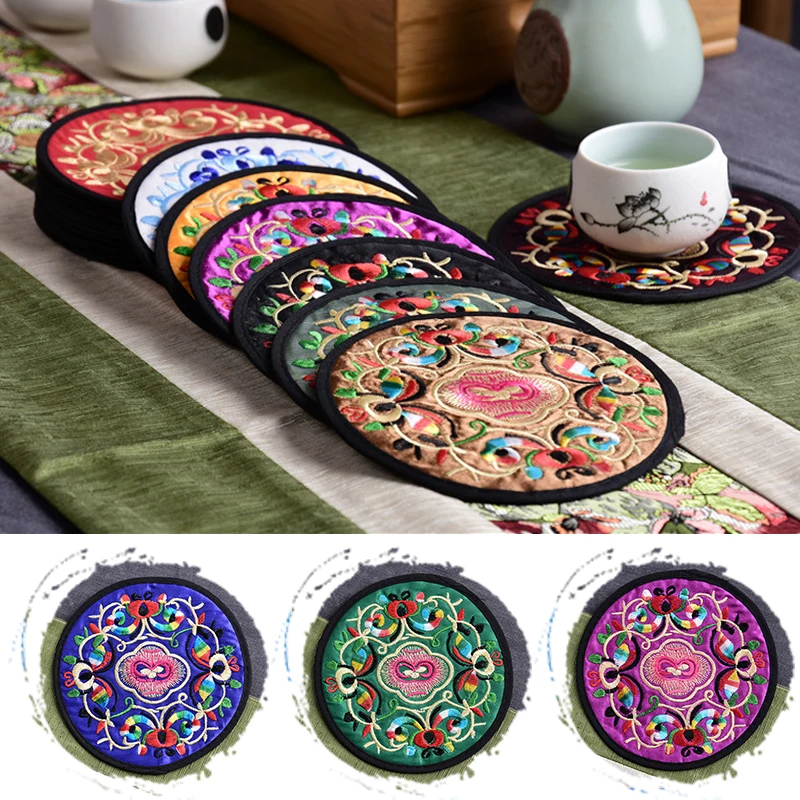 

Круглые современные китайские тканевые подставки с вышивкой винтажный этнический цветочный дизайн подставка под чашки прочные изоляционн...