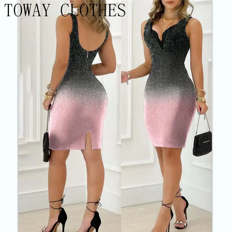 

Women Sleeveless Ombre Colorblock Contrast Lace Glitter Bodycon Dress Vintage Plunge Zipper Back Slit Skinny Mini Dress