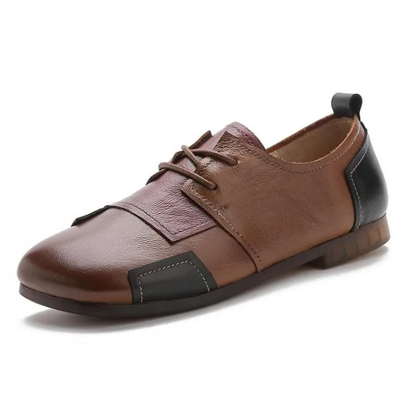 

Johnature Flats Women Shoes 2021 New Spring/Autumn Genuine Leather Mixed Colors Lace-Up Handmade Concise Vintage Ladies Shoes