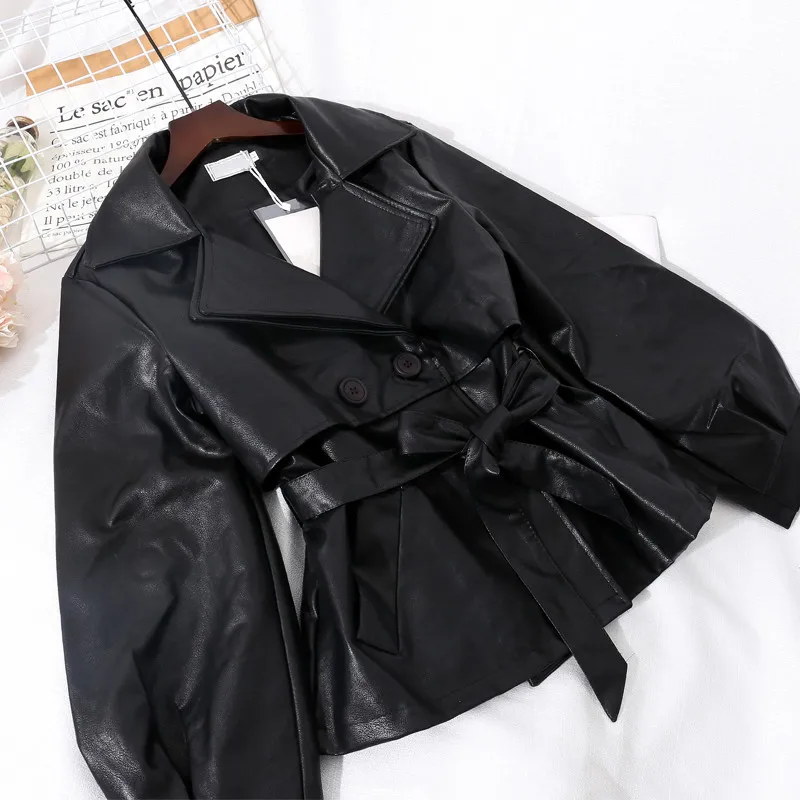 

Женская байкерская куртка из ПУ кожи, черная свободная байкерская куртка из искусственной кожи на шнуровке, весна-осень 2021