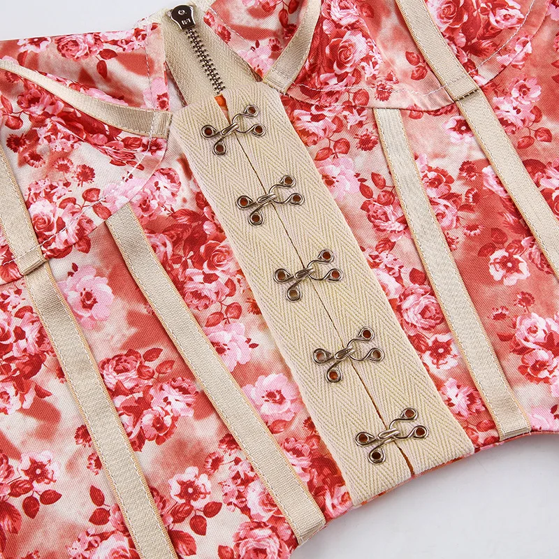

Women's Sexy Crop Cami Top, Summer Spaghetti Strap Floral Print Backless Push Up Bustier Corset Retro