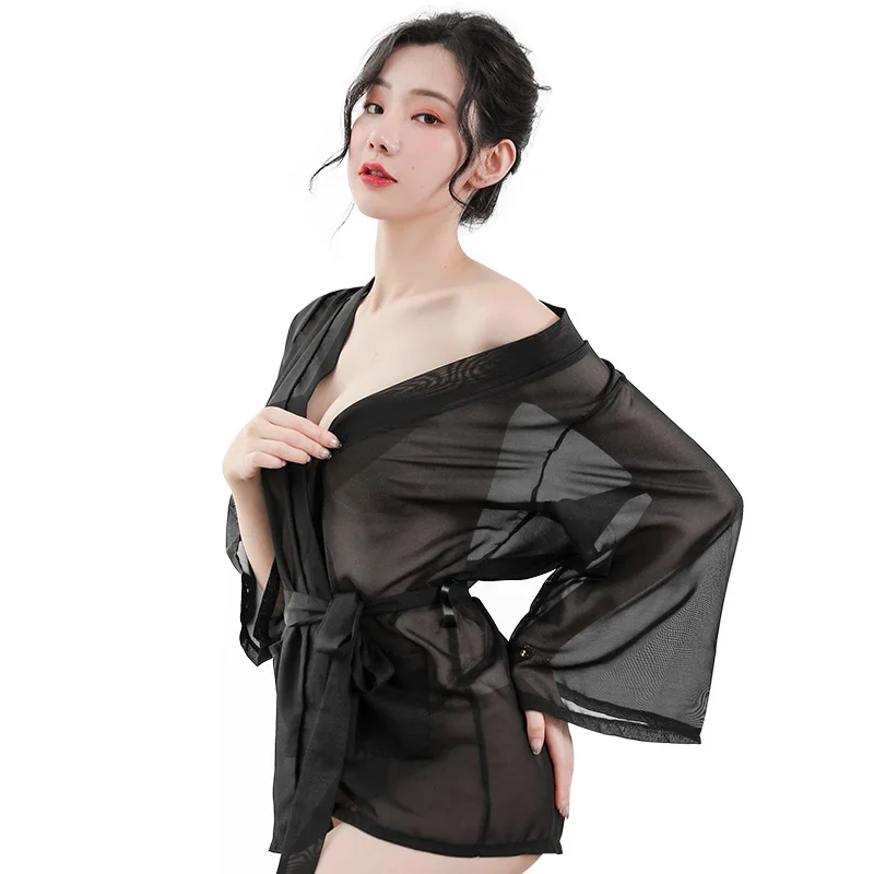 

HYRAX See Through Nipple Shirt Sexy Underwear Sexy Transparent Temptation Pajamas Chiffon Bathrobe Cardigan Fishnet Bodysuit