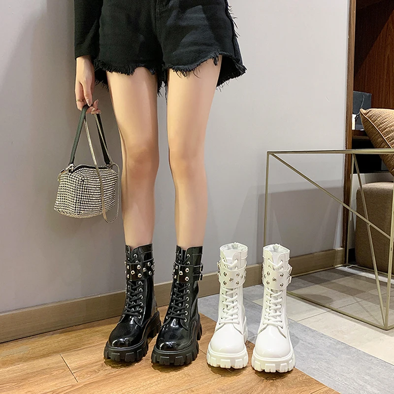 

Woman Lace Up Autumn Boots Womens Ladies Chunky Wedge Platform Black Patent Leather Boots Punk Goth New Arrival 2020