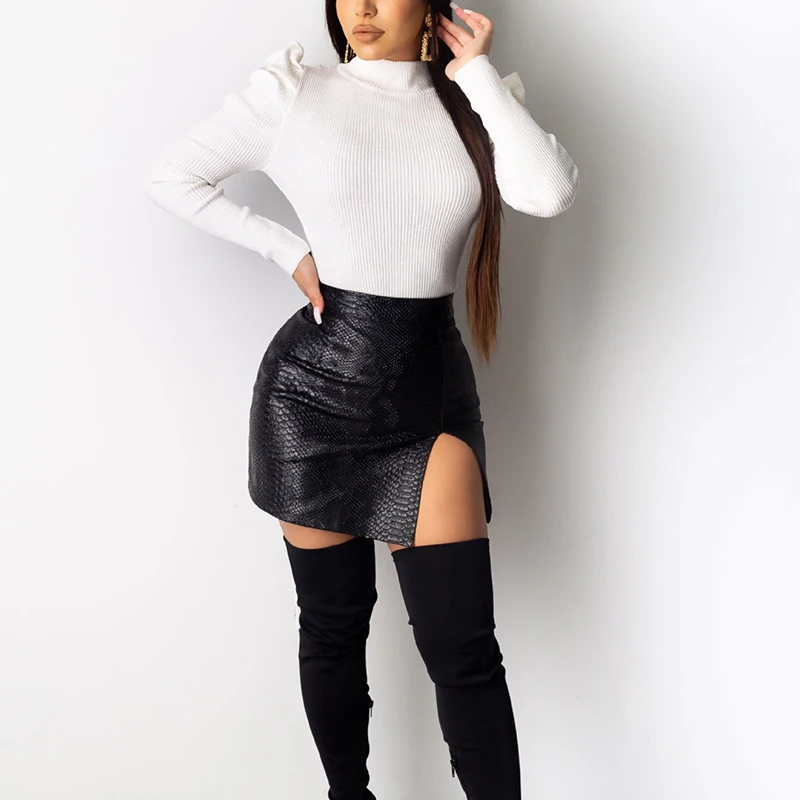 

High Waist Sexy Leather Bodycon Slit Skirt Bottoms