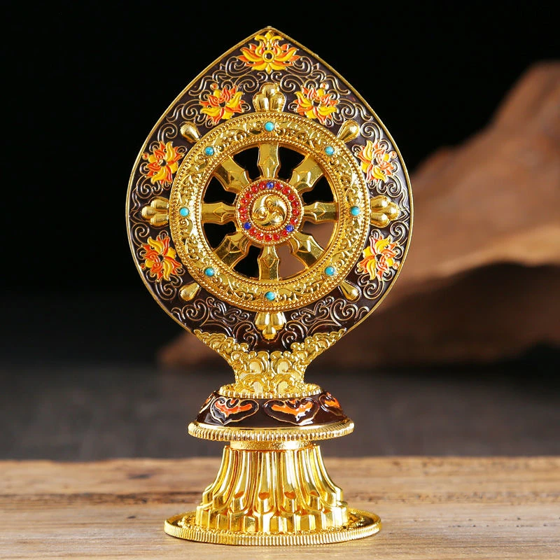 

Gold Buddhist Furnishing Golden Wheel Tantric Alloy Handicraft Auspicious Tibetan Tribute Buddhism Home Gift Indoor Decorative