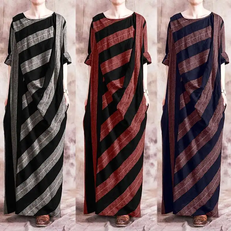 2020 Spring Vintage Striped Long Dress ZANZEA Women Sleeve Cotton Linen Sundress Robe Loose Vestido Kaftan Plus Size | Женская одежда