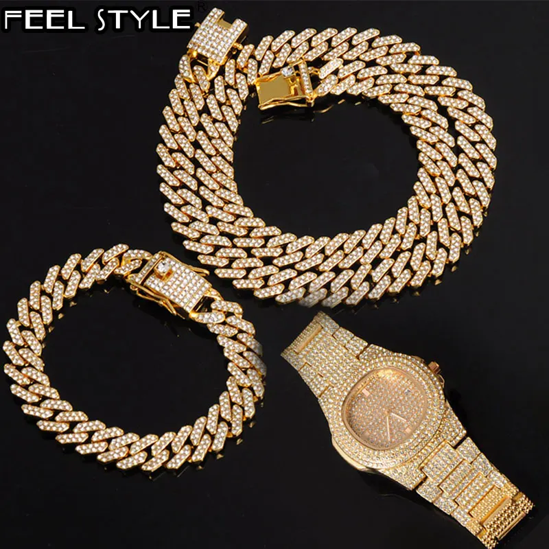 

HIP 12MM Prong Necklace +Watch+Bracelet Hip Hop Prong Cuban Chain Iced Out Paved Rhinestones CZ Bling For Men Jewelry
