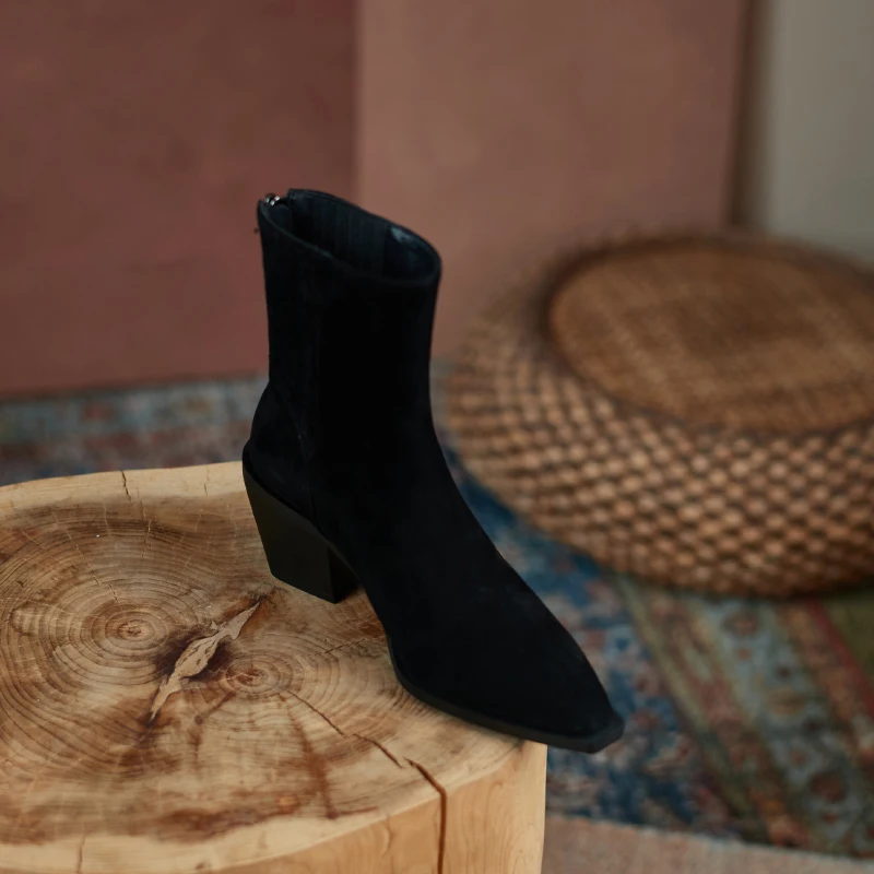 

2021 Sheep Suede Women Boots Winter Fashion ZIP Pointed Toe Chunky Heel Ankle Boots Office Lady Handmade Women Shoes Platform