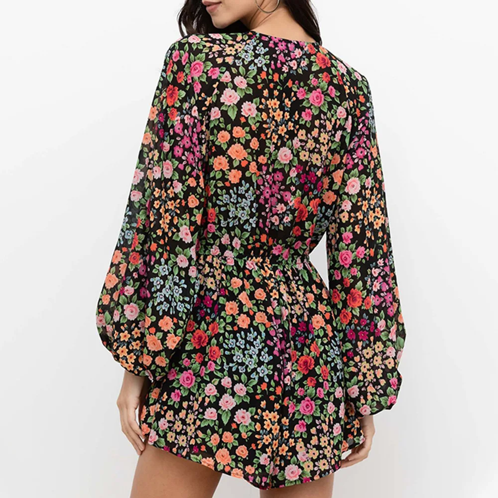 

Deep V Neck Floral Print Jumpsuits Women 2021 New Casual Long Sleeve Lace Up Rompers Boho Beach Stly Female Playsuits Shorts