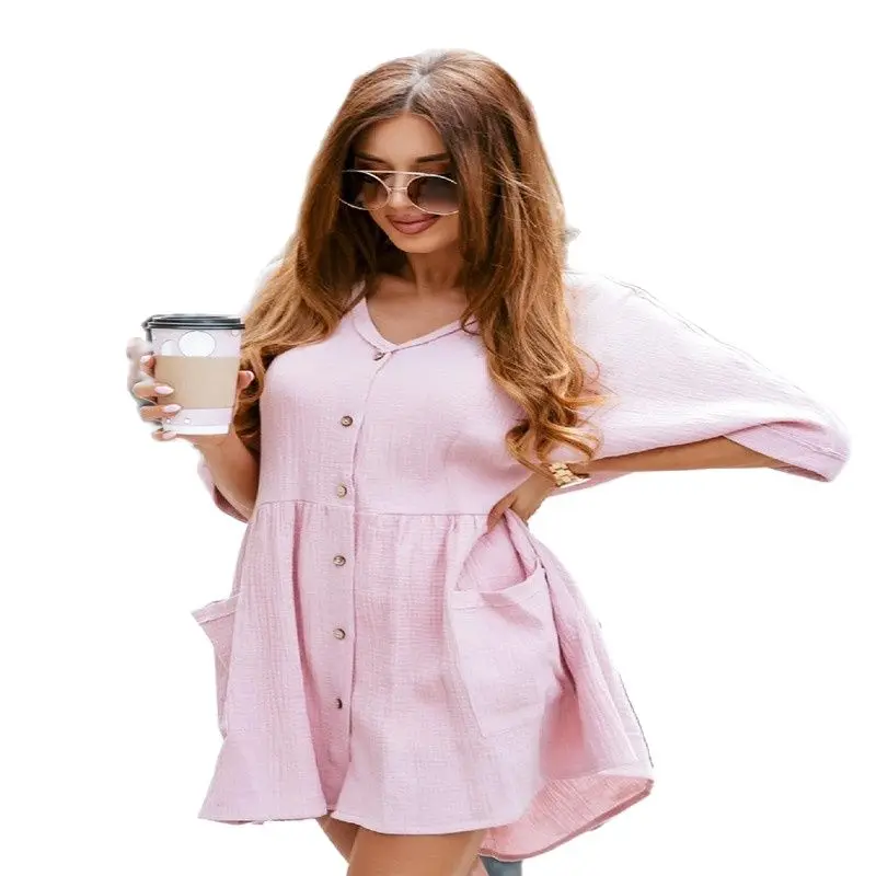 

2021 Factory Price Hot Sale Women's Summer New Style Dress Casual Loose Button Long-Sleeved Dress Women