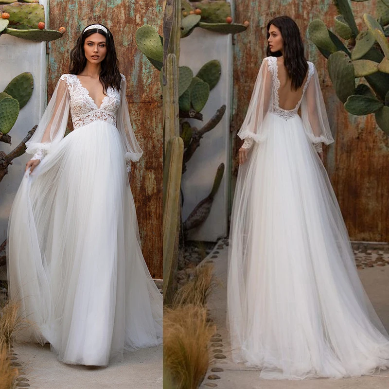 

2021 European beauty dress new mesh lace V-neck wedding dress sexy backless sleeve wedding dress