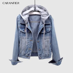 Куртка-бомбер джинсовая с капюшоном, на осень, батальных размеров