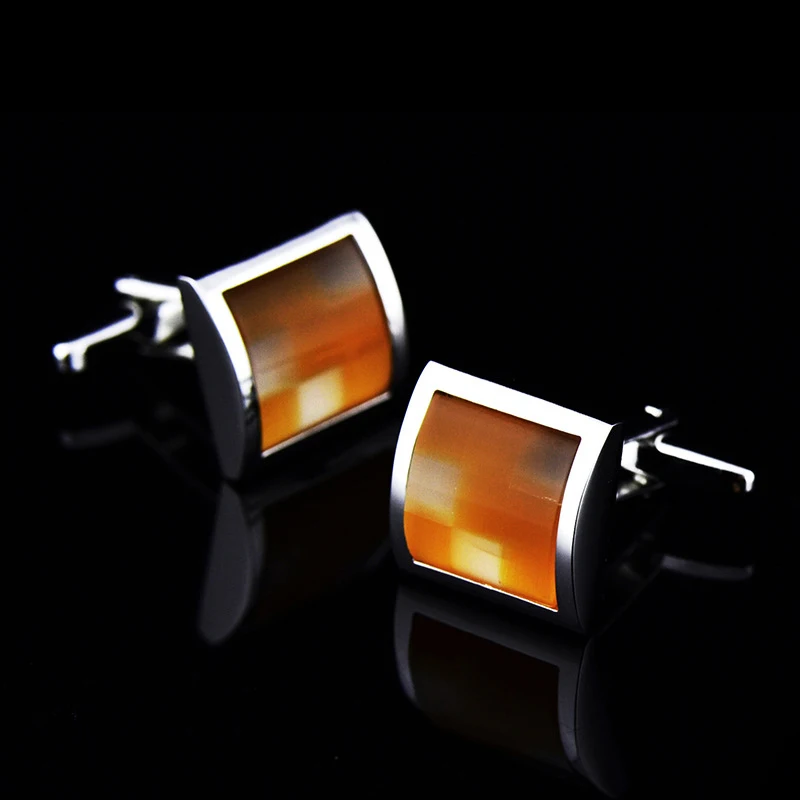 Запонки с опалом в виде ракушки оранжевого и желтого цвета серебристая запонка