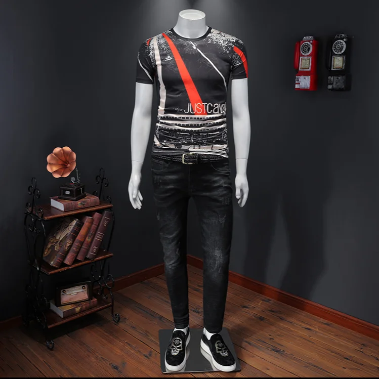 

Men Fashion Printed O-neck T-Shirts Brand Mens Clothing Casual Vintage 2021 Summer New Slim Fit Male Tops Hip Hop Streetwear