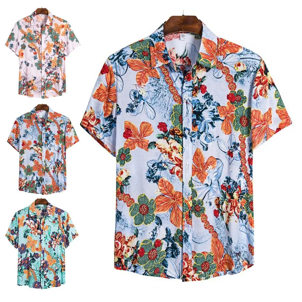 Мужская Повседневная пляжная рубашка, дышащая хлопковая Футболка с отложным воротником и короткими рукавами, с цветочным принтом, лето 2021