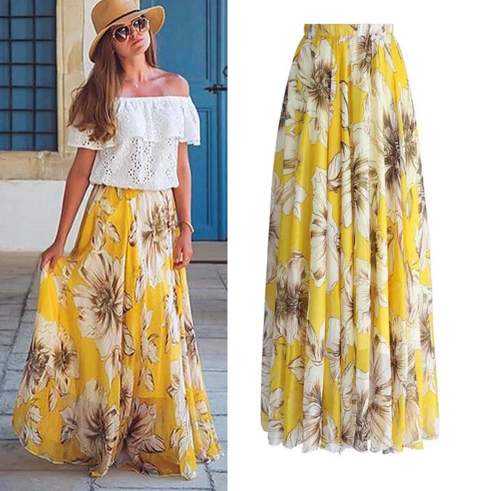 Шифоновые Boho женские богемные с высокой талией цветочные принты Джерси цыганские летние юбки летний пляжный длинный макси юбки