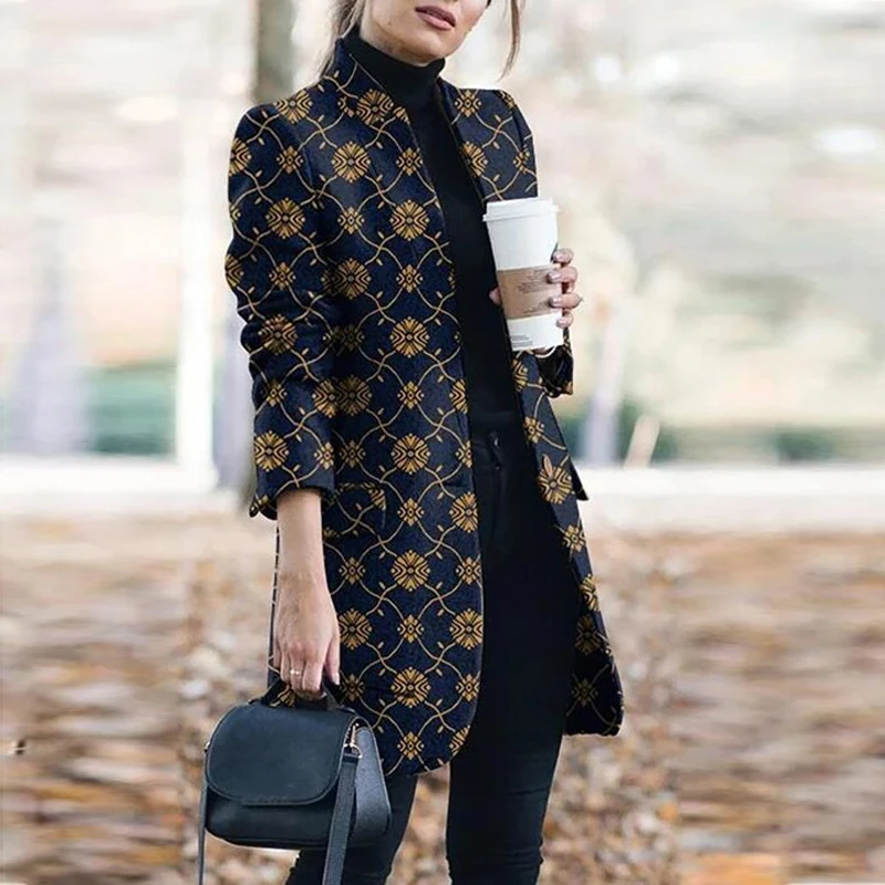 

Fashion Ladies Coat Hot Sale Printed Loose Stand Collar Woolen Outwear Geometric Pattern Plaid Long Sleeve Jacket Spring Autumn