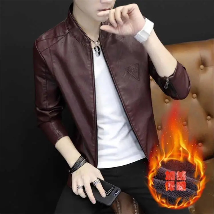 Мужская кожаная повседневная куртка OLOEY черная тонкая приталенная Молодежная из