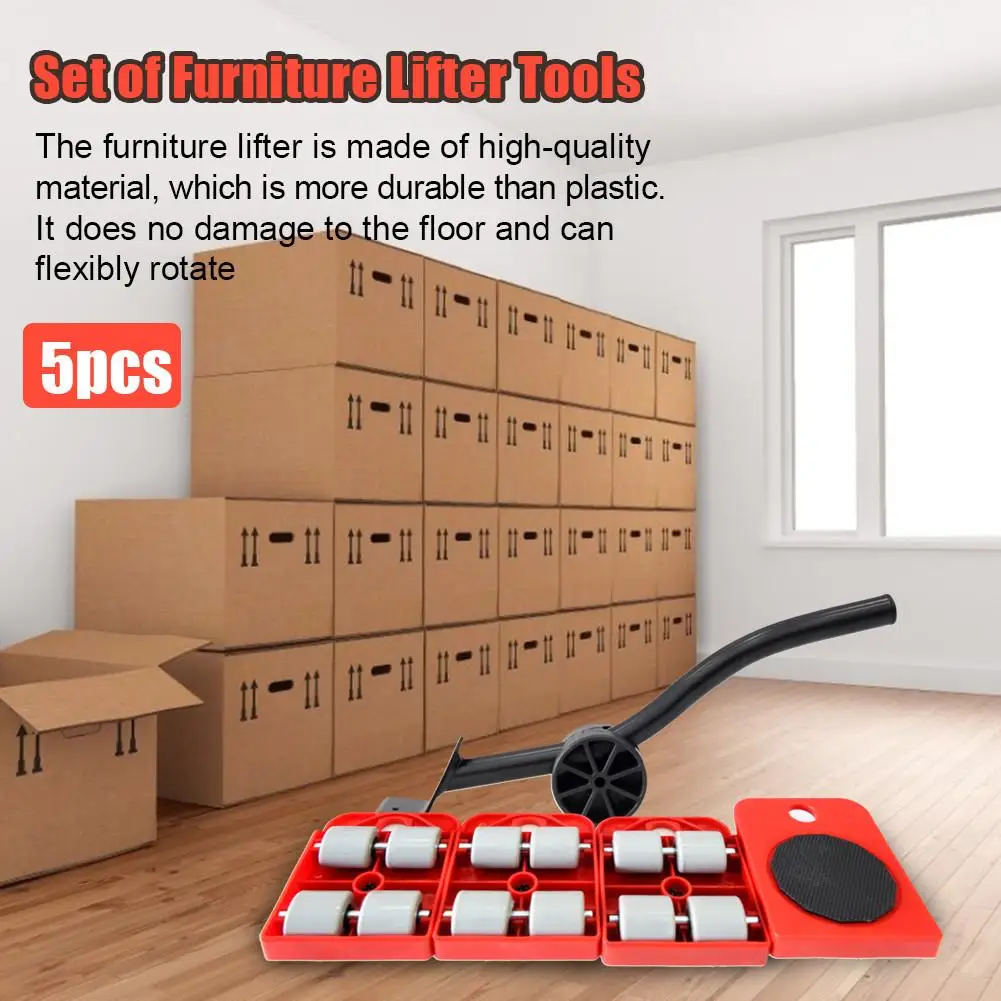

5PPCS/Set Furniture Lifter Mover Furniture Moving Transport Set Heavy Hand Tool Set Mover Roller + Wheel Bar