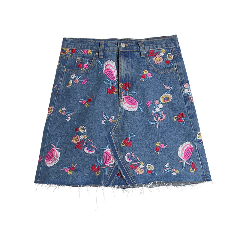 

Flower Embroidered High Waist Denim Skirt For Women 2021 Summer Sreet Fashion Washed A Line Girl Skirt